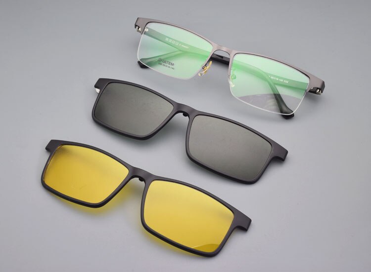 Halv ramme briller mænd med spænde polariserende solbriller magnet rustfrit stål nattesyn beskyttelsesbriller køre recept: Grå med 2 klip