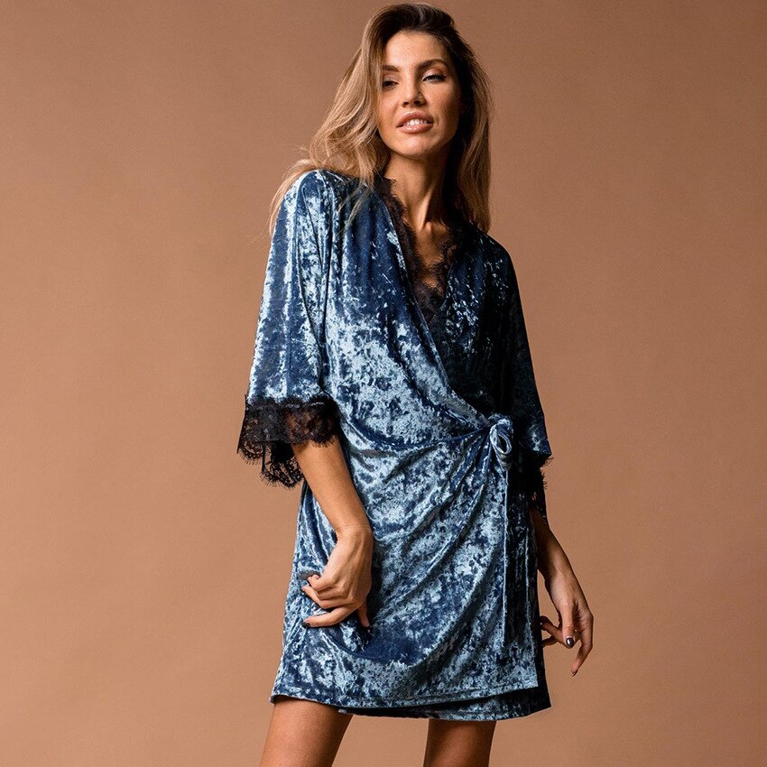 Women Velvet Bathrobe Glossy Velour Lace Sleepwear Autumn Winter Warm Pajamas AW Lady Nightgown: Blue / S