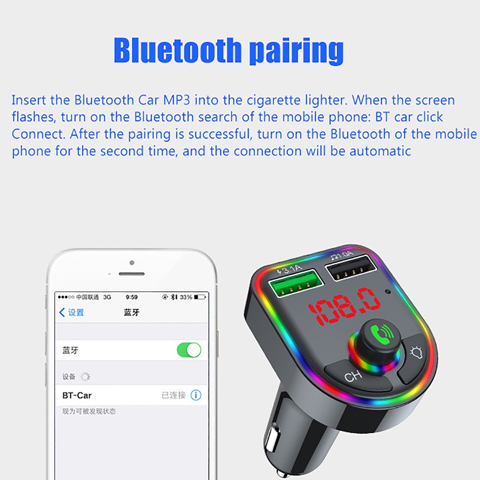 Bluetooth-autoradio-set mit fm-sender , 2  mp3 -anschlüssen und  mp3 abspielgeräten