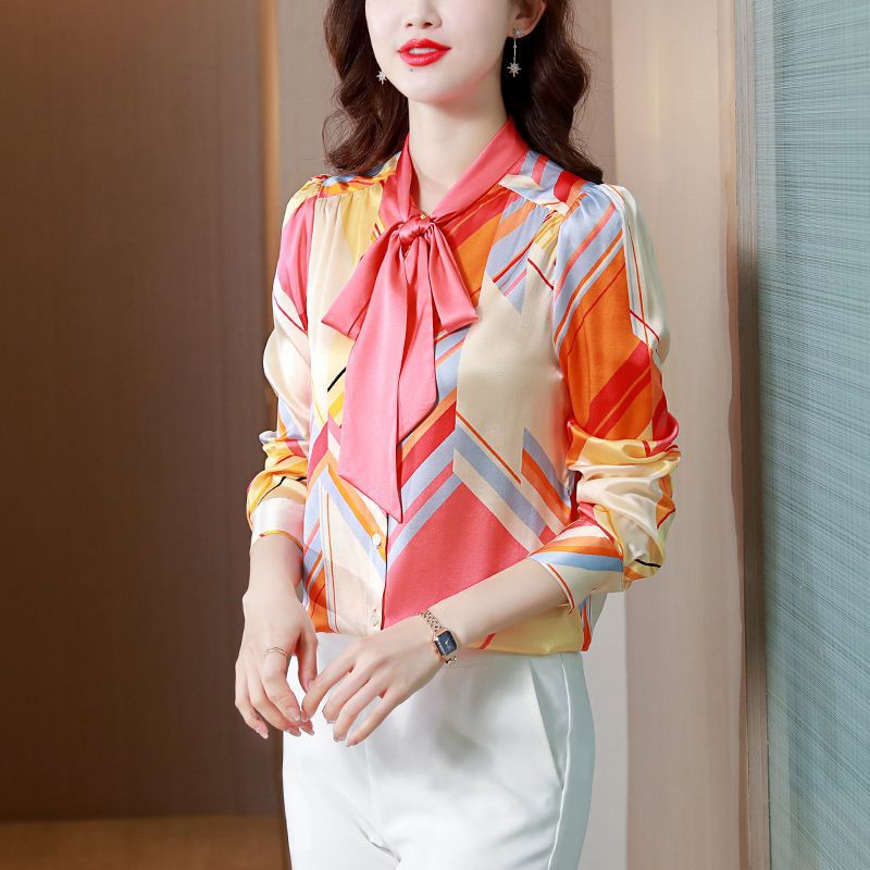 Fanieces elegante Fliege Satin- Frauen Hemden Luxus bunten Druck Frühling Herbst Langarm Blusen Spitzen Büro Damen Blusas