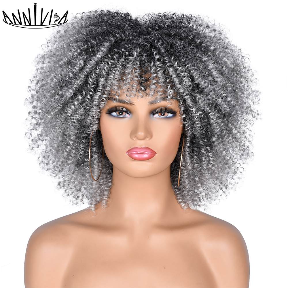 Short Hair Afro Kinky Curly Wigs With Bangs African Synthetic Ombre Cosplay Wigs For Black Women High Temperature: #144