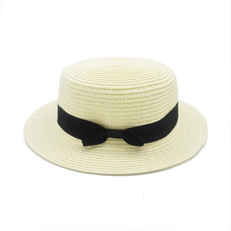 eenvoudige Zomer Vrouwelijke Casual Panama ouder-kind Strand Hoed Dame Vrouwen Platte rand Strik Stro cap glris zonnehoed