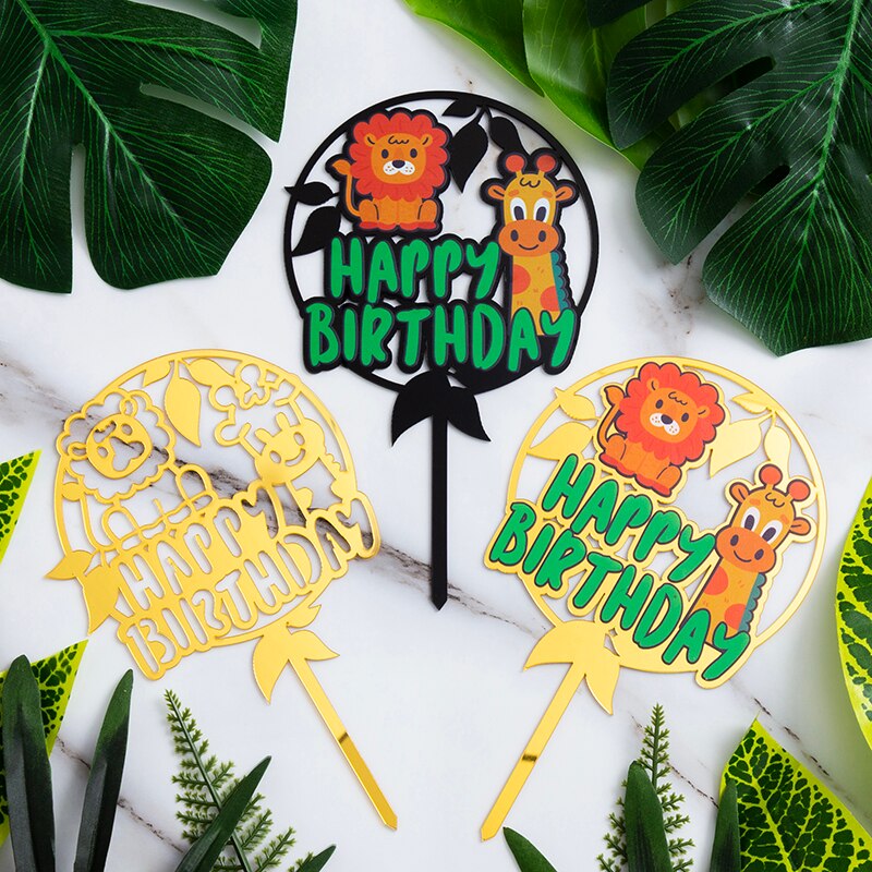 】Safari Theme Cake Topper Happy Birthday Cake Decoration for Kids Jungle Animal Birthday
