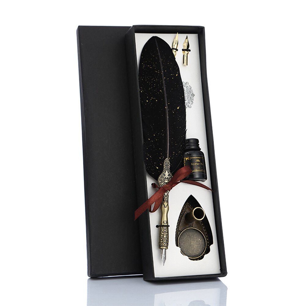 Vintage Calligraphy Feather Dip Pen Pen Handle 2/5 Nib Writing Ink Set Quill Fountain Pen Writing Set Birthday: 2 nibs Black A