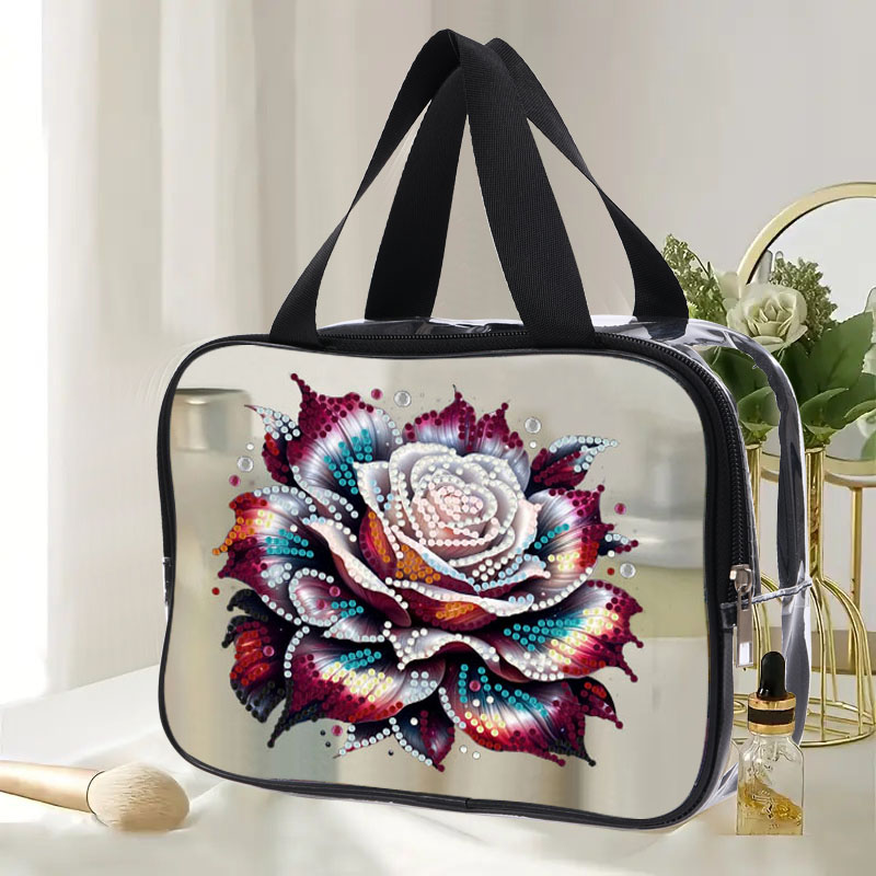 Bolsa de cosméticos con pintura de diamantes de flores DIY para adultos, bolsos de plástico transparente de PVC, bolsas de maquillaje transparentes para viaje, 1 ud.: Rojo