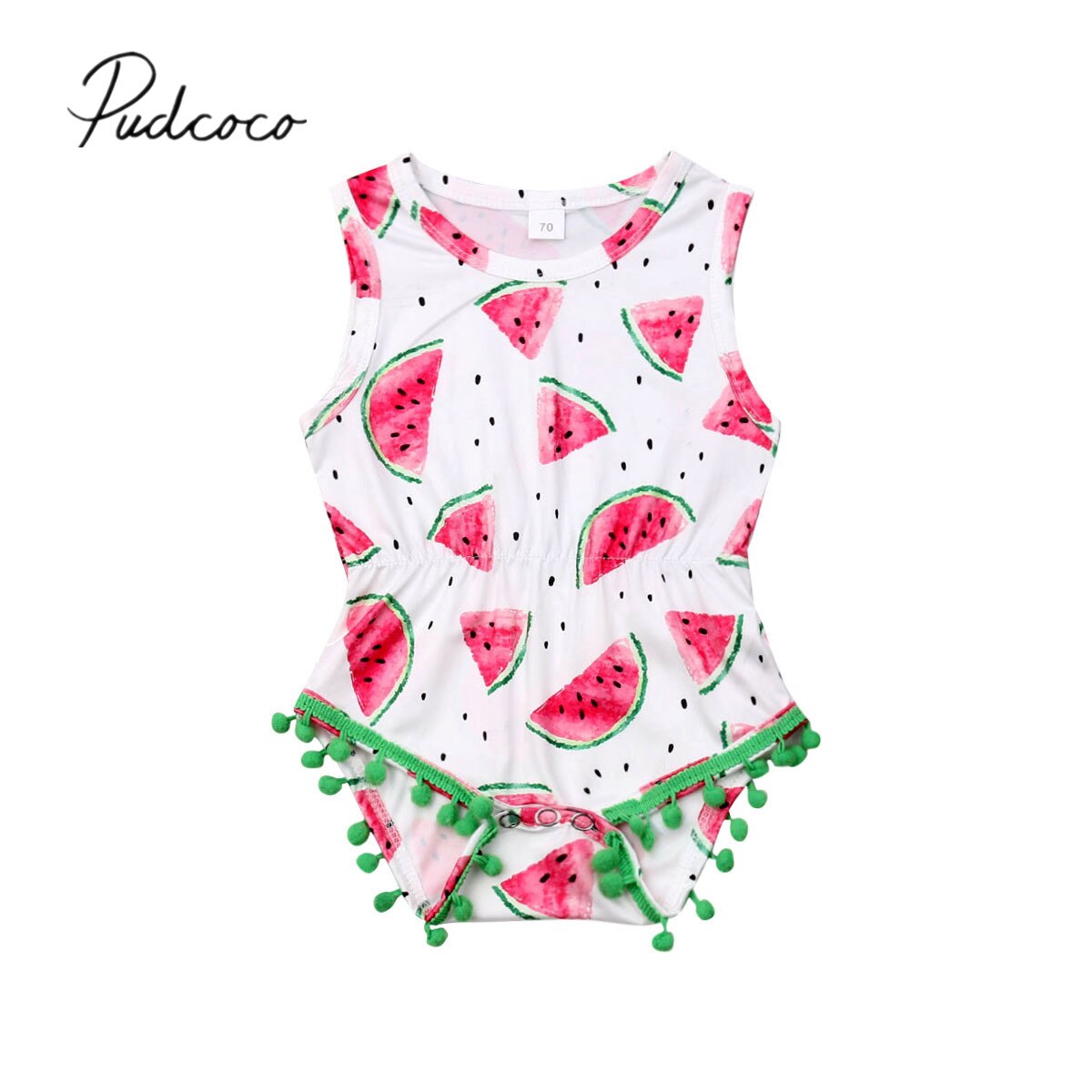 Baby Summer Clothing Newborn Kids Baby Girl Watermelon Romper Sleeveless Tassel Balls Sunsuit Casual Playsuits Outfits 0-24M