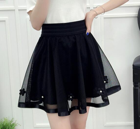 Forår sommer kvinder sort mini nederdel koreansk elastisk højtaljet nederdel shorts sød mesh tyl paraply nederdel falda tul: Blomster / Xl