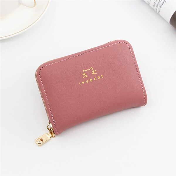 PURDORED 1 Pc Cat Card Holder PU Leather Small Zipper Mini Card Wallet Women Coin Purse Female Business Card Holder Billetera: pink