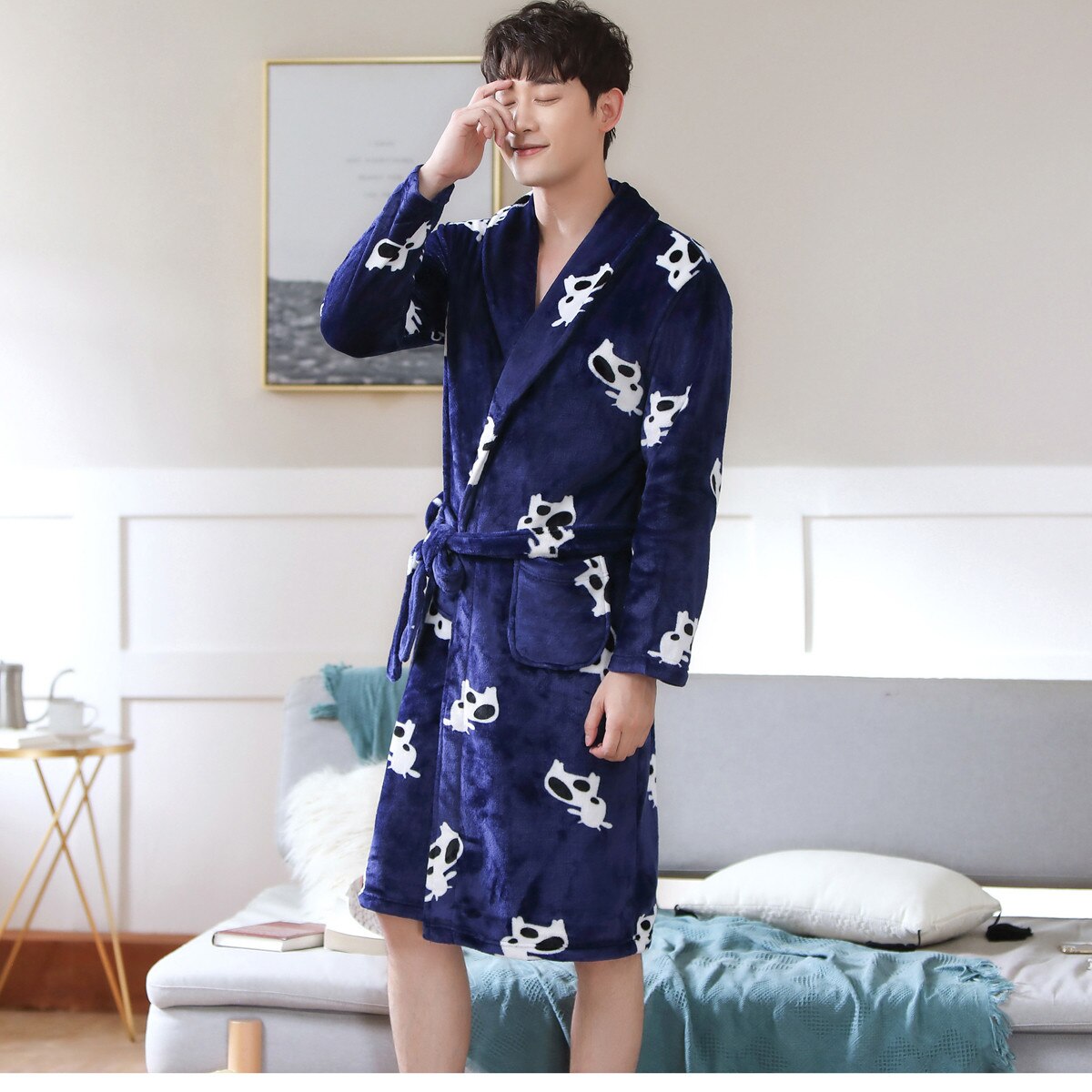 Peignoir à manches longues pour Homme, vêtement d&#39;hiver épais et , imprimé de dessin animé de vache mignonne, Kimono, vêtements de maison: PJ305 Color14