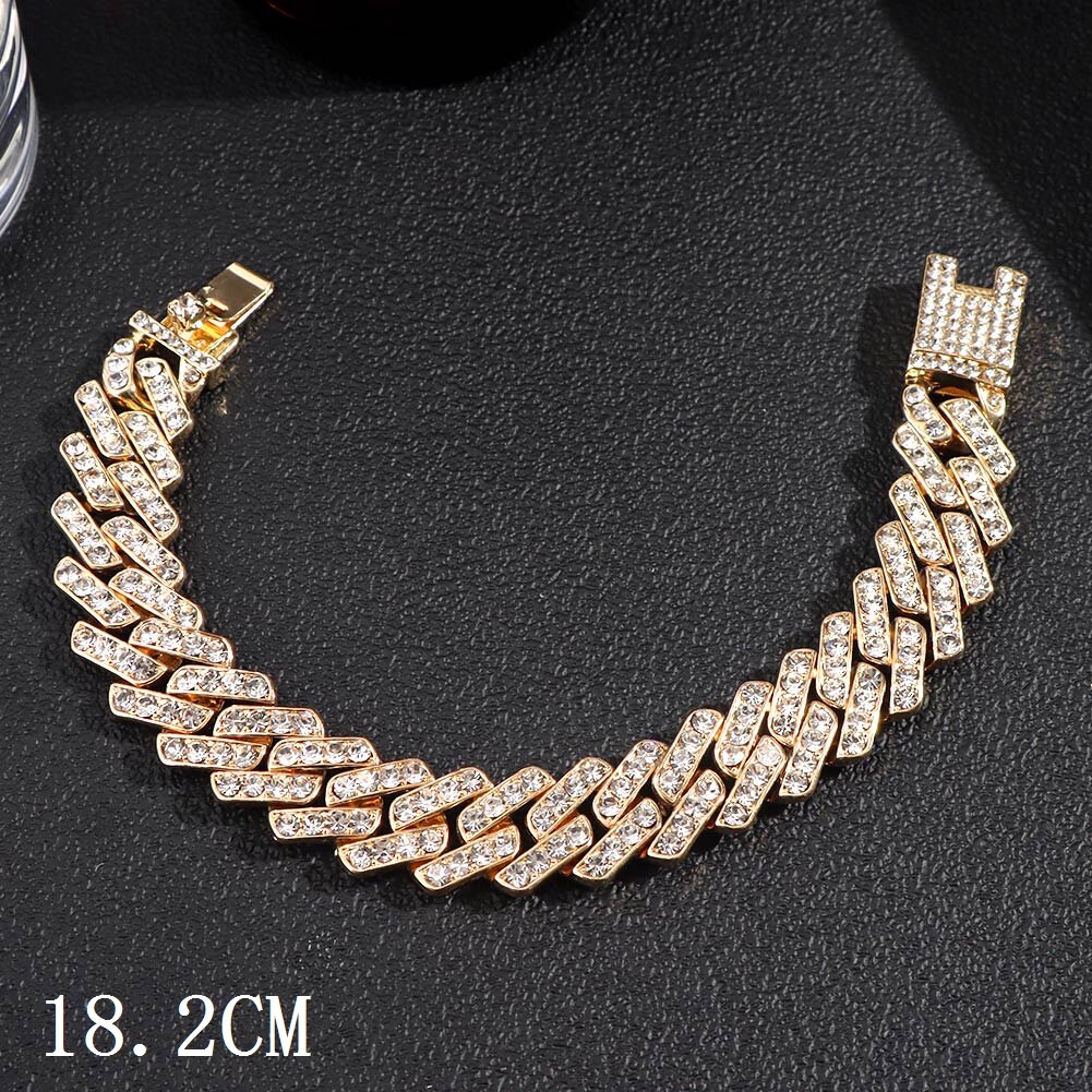 Mode Bling Verharde Rhinestone Prong Cubaanse Ketting Armband Voor Vrouwen Mannen Hip Hop Iced Out Chunky Link Chain Armbanden sieraden: 011101GD