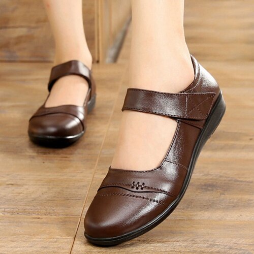 Zzpohe herfst handgemaakte leren platte schoenen dames casual schoenen dames flats oma antislip zachte zool wandelschoenen: Bruin / 5