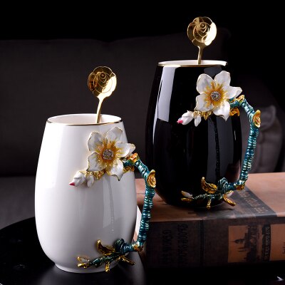 Europe Novelty Enamel Coffee Cup Mug Flower Tea ceramics Cups for and Cold Drinks Milk Alloy Handgrip Cups and Mugs