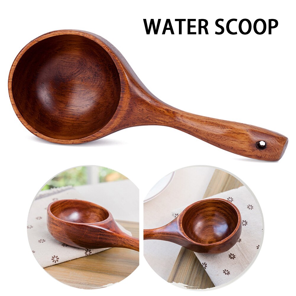 Long Handle Kitchen Utensil Home Water Scoop Multipurpose Solid Wood Spoon Portable Cooking Thickened Hanging Hole Bathroom