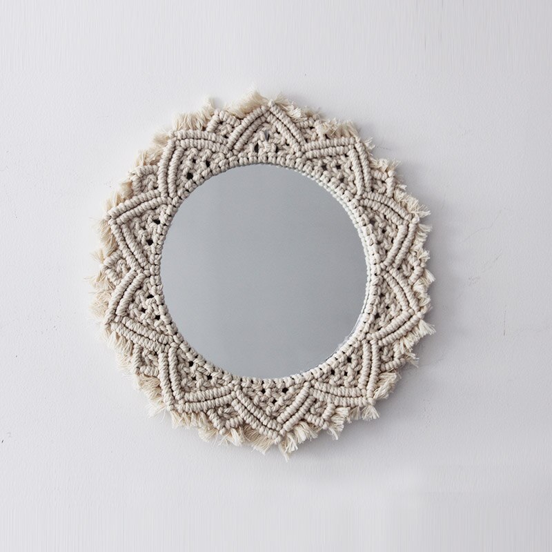 Tapisserie murale suspendue en macramé | Décoration murale en macramé, tapisserie avec nœud en tricot, miroir rond style bohème, décorations: D