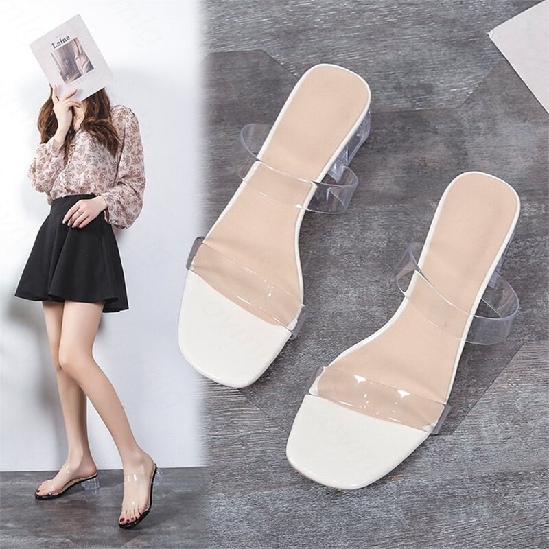 Sandalias de tacón de cristal para mujer, calzado con cabeza cuadrada, tacón medio grueso, cinturón transparente, estilo Hada, novedad de verano 2022: off white / 39