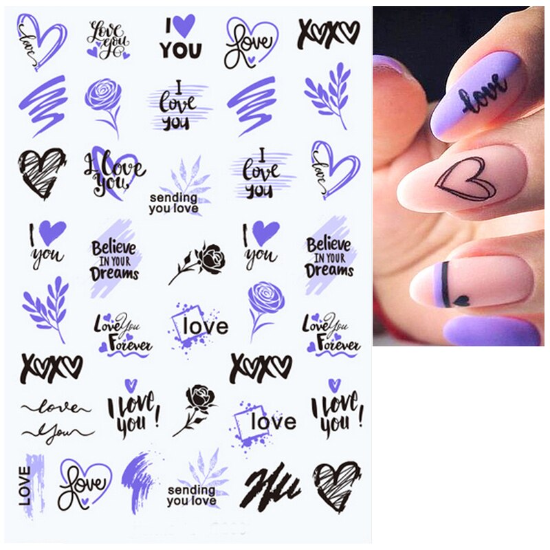 Terug Lijm Nail Decals Zwart Paars Liefde Berichten Stickers Decoratie Voor Nail Art Manicure Schoonheid
