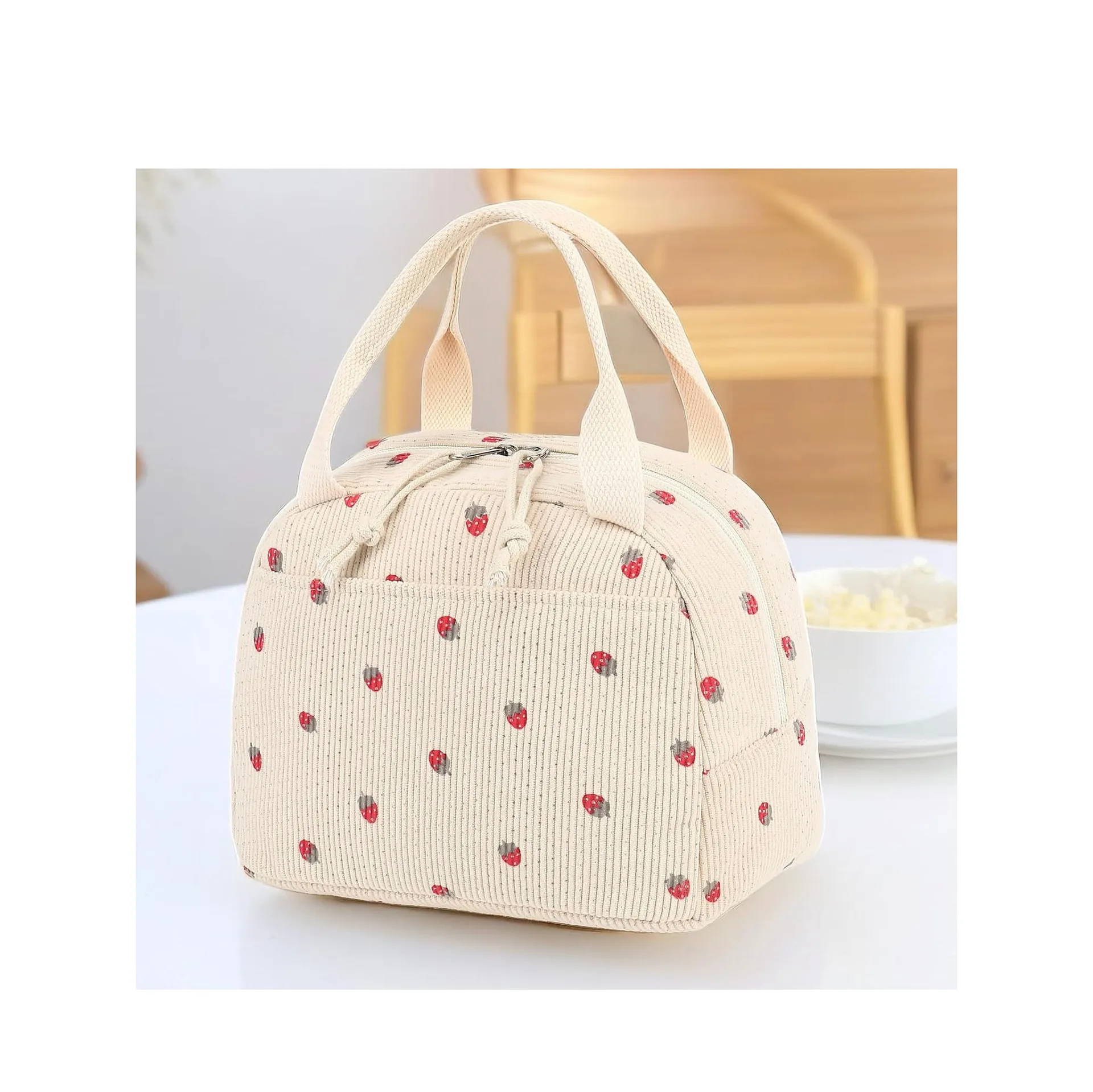 Corduroy Lunch Bag Thermal Insulation Lunch Box Storage Handbag Multifunctional Kid School Cooler Bag Picnic Food Pouch: Beige