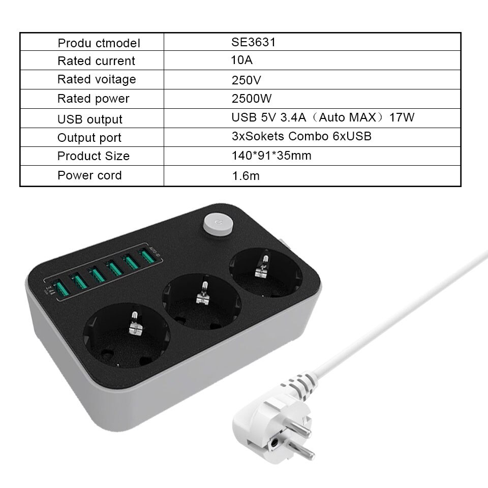 Enchufe ruso de la UE interruptor de la tira de alimentación eléctrica 3 salidas 6 puertos USB de carga rápida enchufe de extensión 1,5 M Cable Protector contra sobretensiones