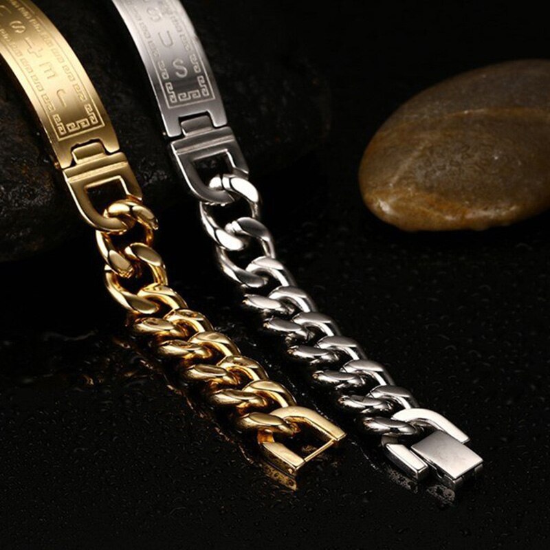 Høj mængde 316l rustfrit stål punk armbånd jesus cross guld farve kæde charm armbånd til mænd fine smykker