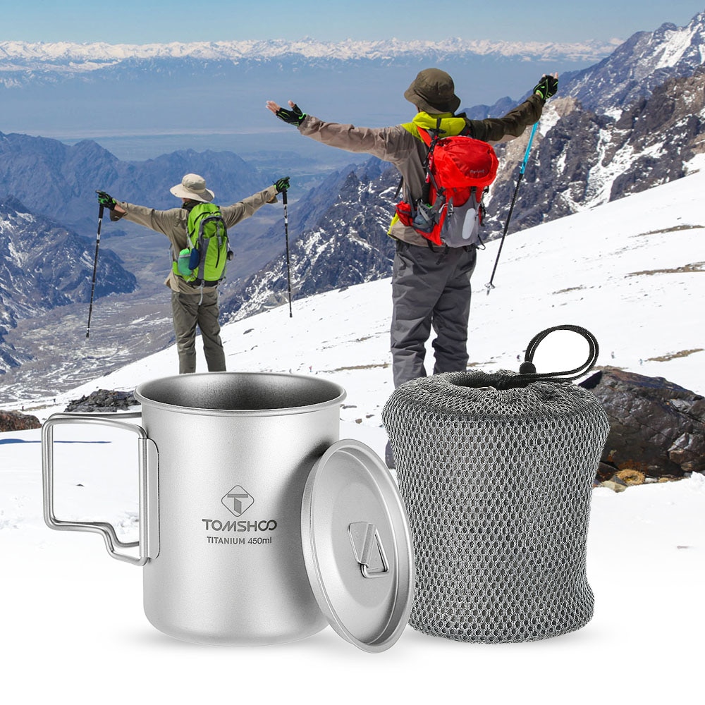 Tomshoo 450Ml Titanium Cup Water Cup Mok Met Deksel Opvouwbare Handvat Titanium Vouwen Lepel Spork Outdoor Draagbare Camping Picknick