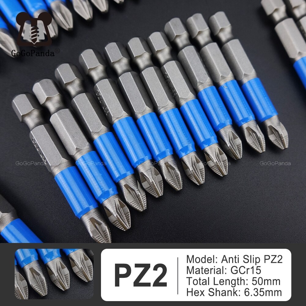 10 stk / lot 50mm gcr 15 pozidrive bits sekskantskruet skridsikker skruetrækker bits magnetisk enkelt hoved  pz1 / pz2 / pz3: 50mm pz2