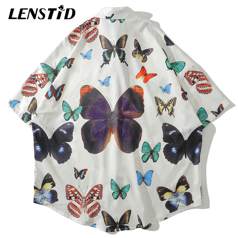 LENSTID Mens Hip Hop Butterfly Printed Hawaiian Shirt Harajuku Streetwear Beach Shirt Summer Short Sleeve Oversize Shirts