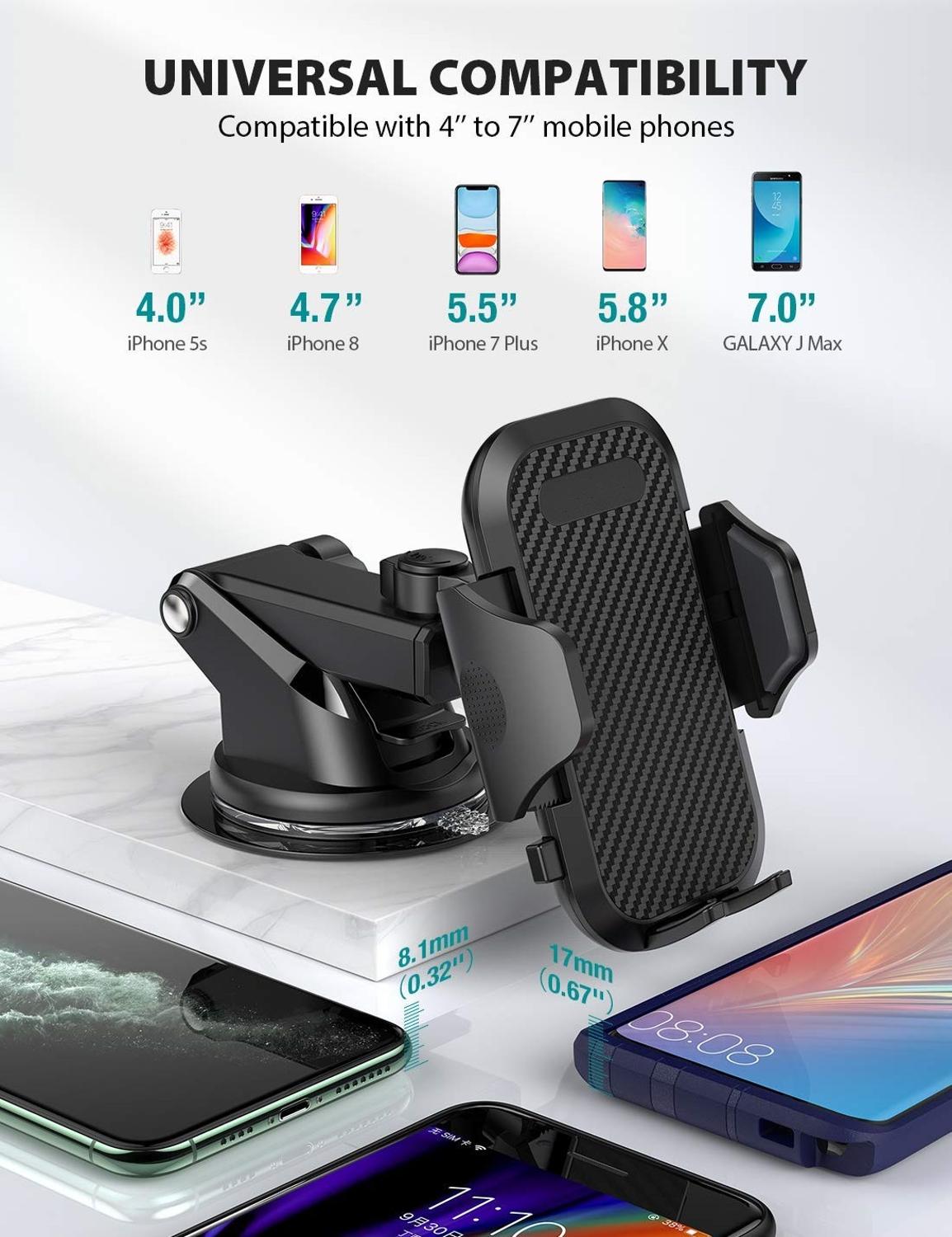Car Phone Mount with Dashboard+Air Vent Cell Phone Holder 2 in 1, Long Arm Strong Suction Car Phone Holder,Compatible All Phones