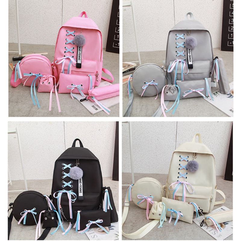 5pcs Canvas Backpack Ribbon Handbag Shoulder Drawstring Bag Pencil Case Set X5XA