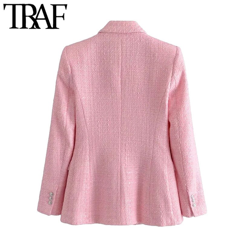TRAF Women Double Breasted Tweed Check Blazer Coat Vintage Long Sleeve Pockets Female Outerwear Chic Veste