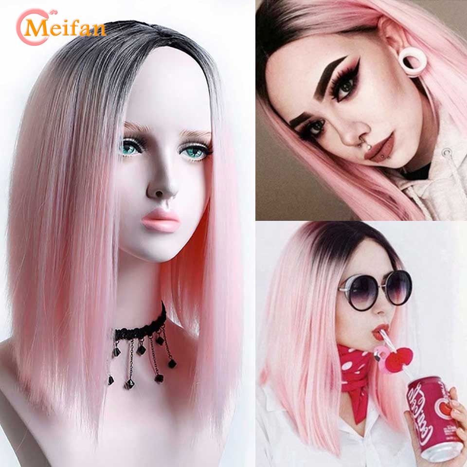 Meifan ombre pink/sort lige varmebestandige syntetiske hårparykker til kvinder naturligt hår kort bob cosplay eller festparykker