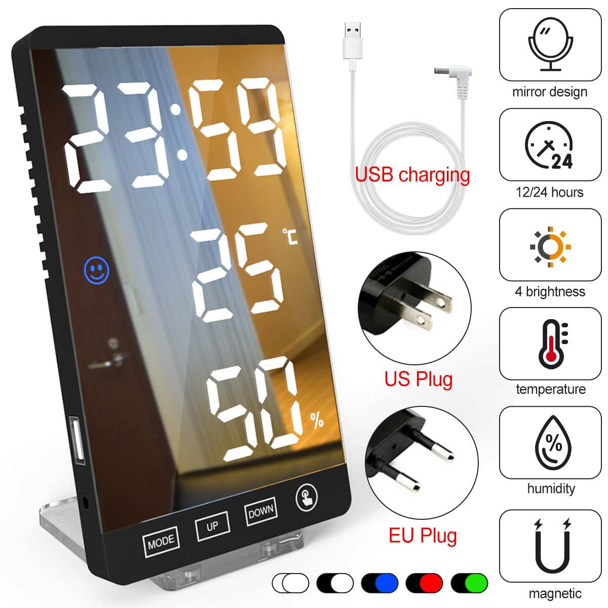 Large Touch LED Digital Alarm Clock With USB Charging Port Snooze Magnet Adsorption Mirror Alarm Clock 4 Brightness Adjustment