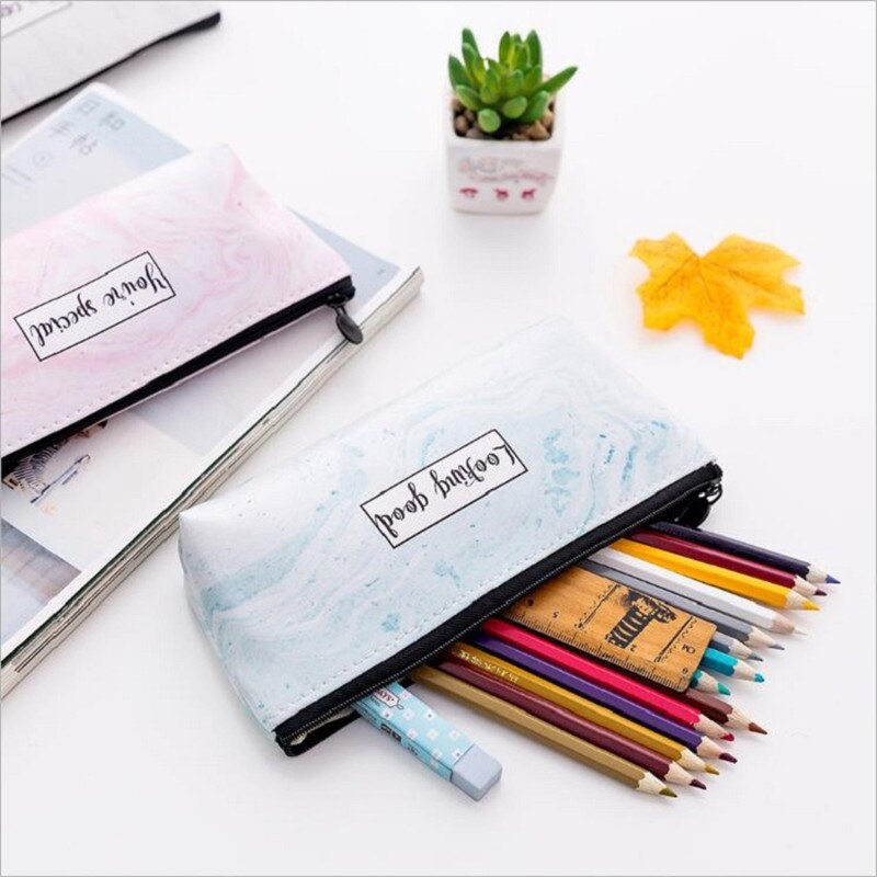 Kleur marmering pu leren etui schoolbenodigdheden student stationair pen etui vrouw cosmetica handtas make-up tas