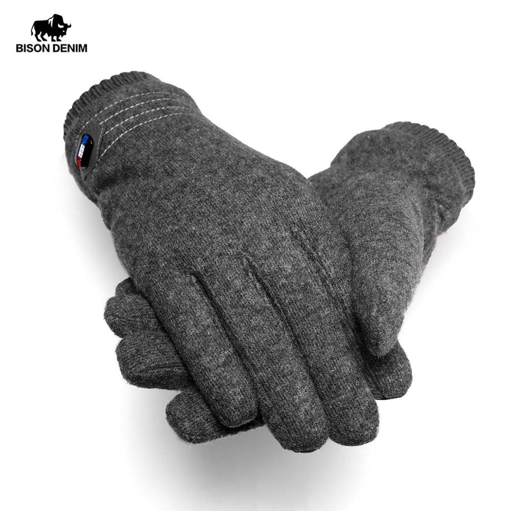 Bison dneim vinterhandsker til mænd ægte uld berøringsskærm vindtæt fuldfinger tykkere varme vintermændshandsker  s035: Grå