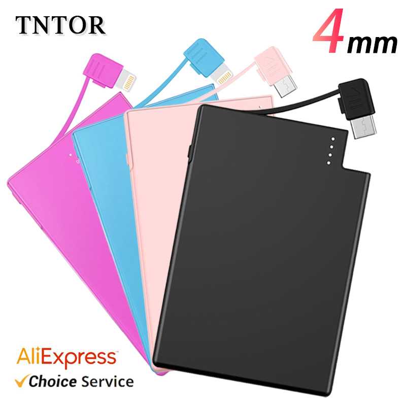 Tntor Mini 4Mm Ingebouwde Powerbank 2500Mah Grote Capaciteit Usb TYPE-C Kabel Tweeweg Snellader Mini Powerbank Voor Iphone Xiaomi