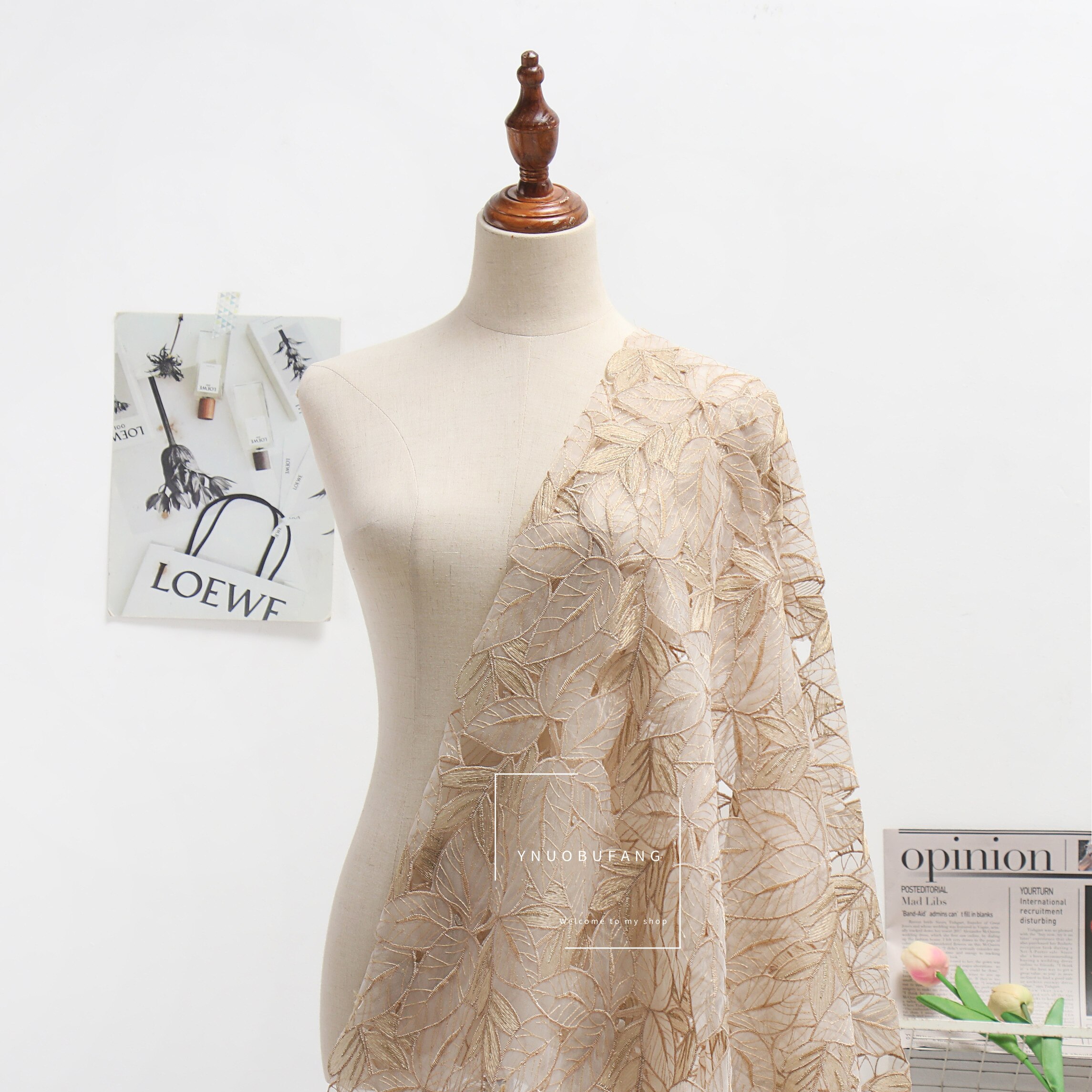 WunderschöNe Champagner Organza Gold Gewinde Blatt Hohl Stickerei Stoff Hochzeit Kleid Kleidung Handgemachte Diy Stoff