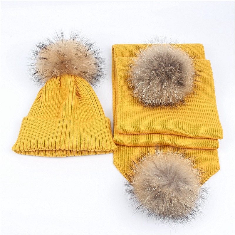 Luxe Vrouwen Hoeden En Sjaals Kinderen Sneeuw Dragen Hoeden Winter Gebreide Skullies 2Pcs Unisex Effen Kleur