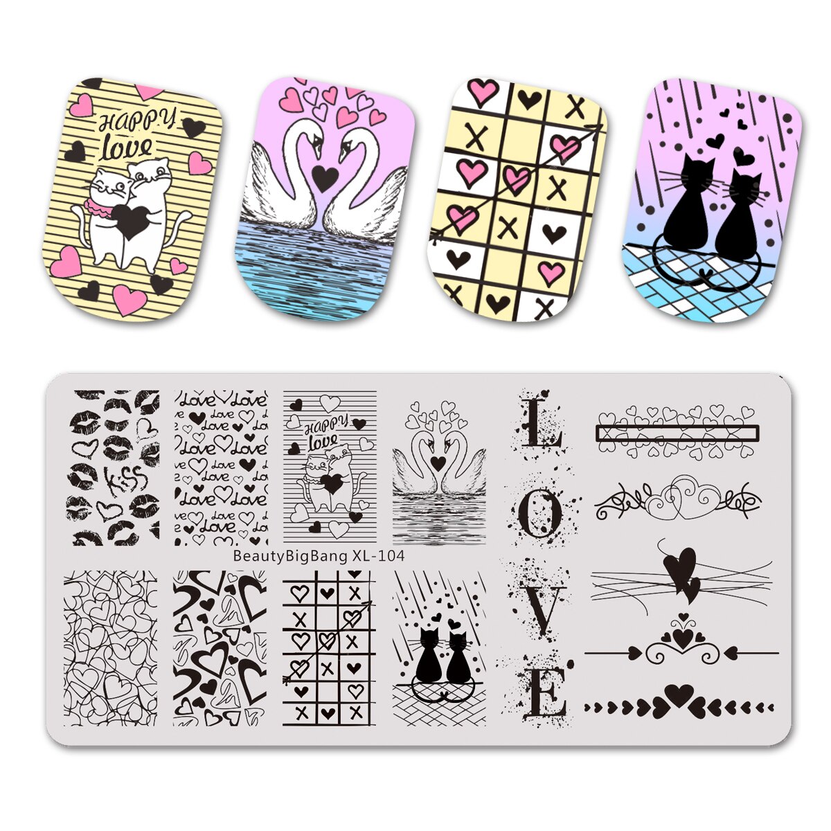 BeautyBigbang Nail Stamping Plates Cute Swan Cat Lips Heart Sweet Pattern Nail Art Stamps Template XL-104: 104