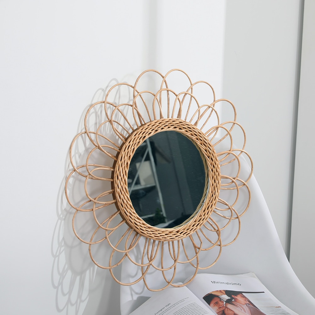 Tocador colgante de mimbre para sala de estar, espejo redondo, Art Deco, portátil, compacto, para ahorro de espacio en el baño