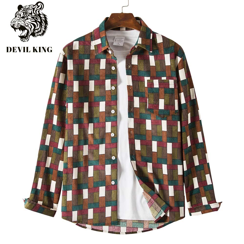 Djævelens konge mænds efterårsprodukt-skjorte, moderigtigt corduroy-etnisk print, langærmet all-match-skjorte