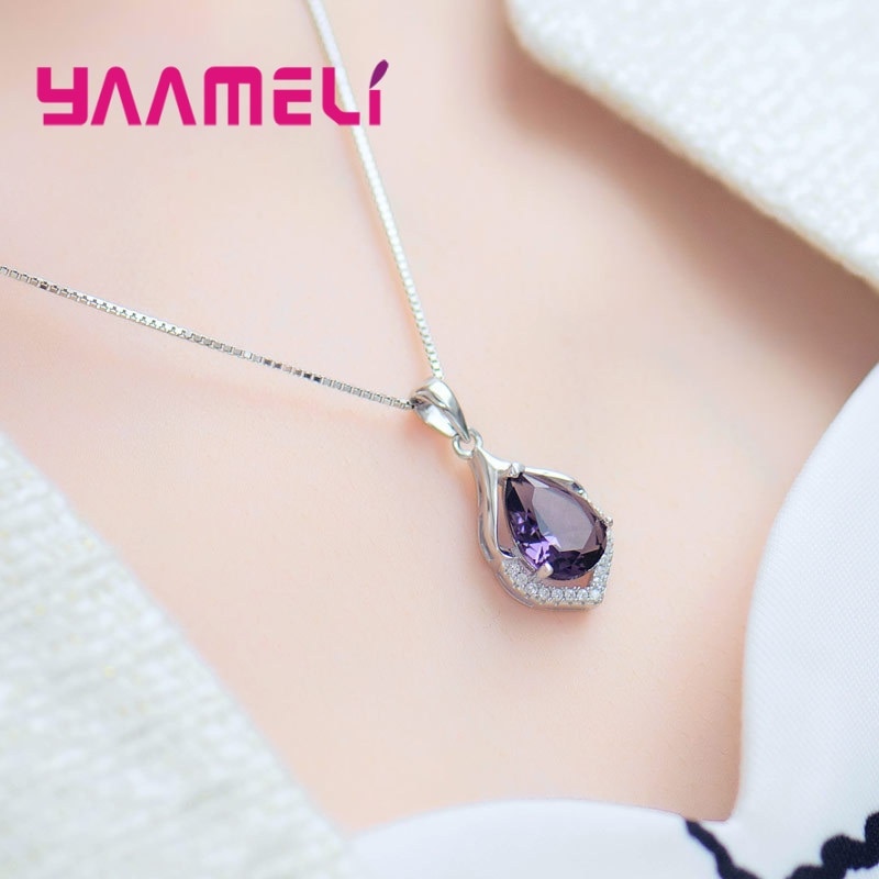 Eleganza collana con ciondolo goccia d&#39;acqua in cristallo viola ametista per donna regalo di natale di compleanno collare in argento 100% 925