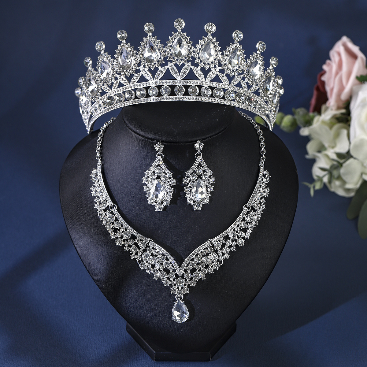 Barokke Kristal Strass Bruidssieraden Sets voor Vrouwen Trouwjurk Kroon Oorbel Tiara Ketting Set Prom Bruid Sieraden Sets: Silver Plated