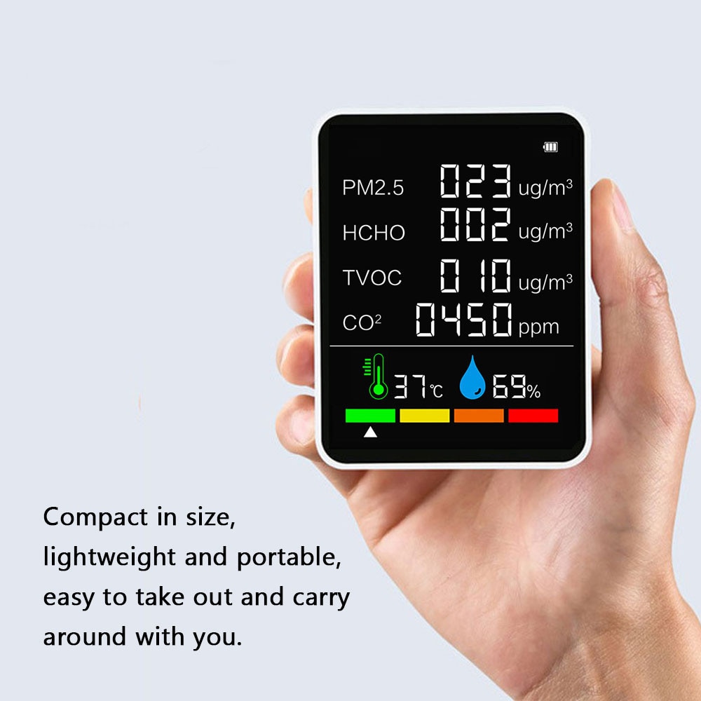 CO2 Meter 6 in 1 Air Detector Multifunctional CO2 Tester PM2.5 TVOC HCHO Value Temperature Humidity Display Backlit LCD