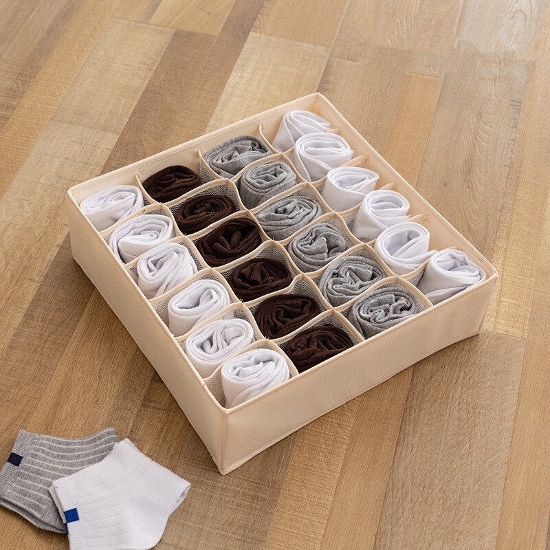 32x32x10cm Home Solid Color Storage Box for Folding Socks Bra Underpants Underskirt: Beige  24 cells