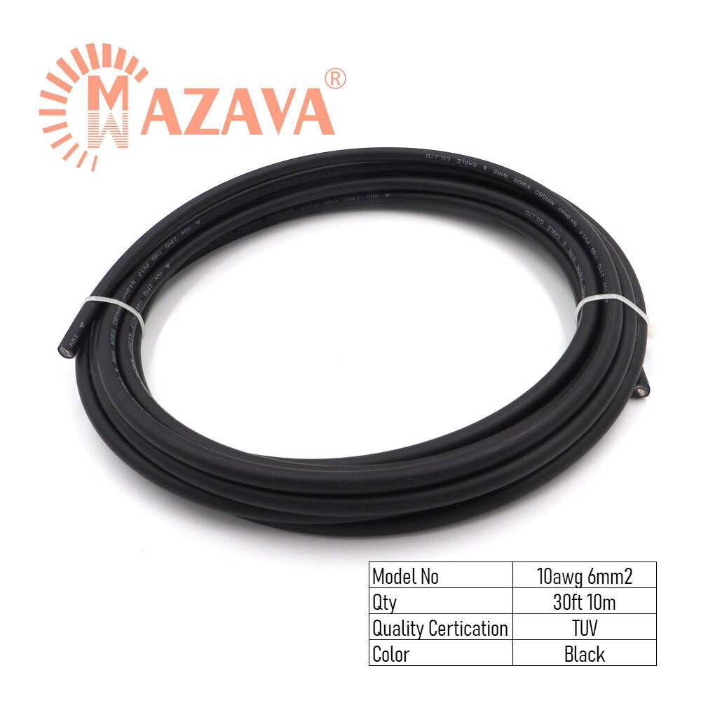 10M 10/12/14AWG Solar Cables Wire TUV Cable PV Solar Panels Connection Red Black PV1-F: 6mm2 Black