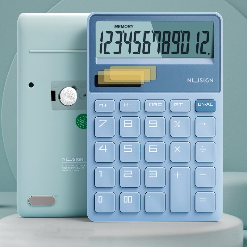 Nusige – calculatrice solaire pour bureau, affichage à 12 chiffres, double alimentation, écran large, bouton de , léger et fin