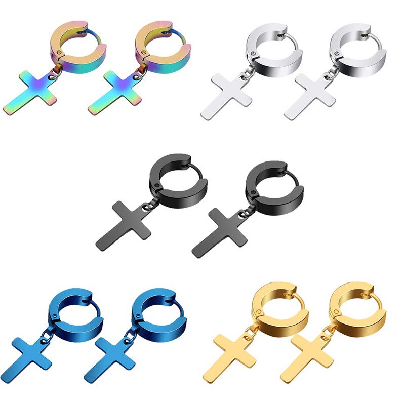 1 Pair Women Men&#39;s Stainless Steel Earrings Black/Silver Color Cross Gothic Punk Rock Style Pendientes Dropping Mujer Moda