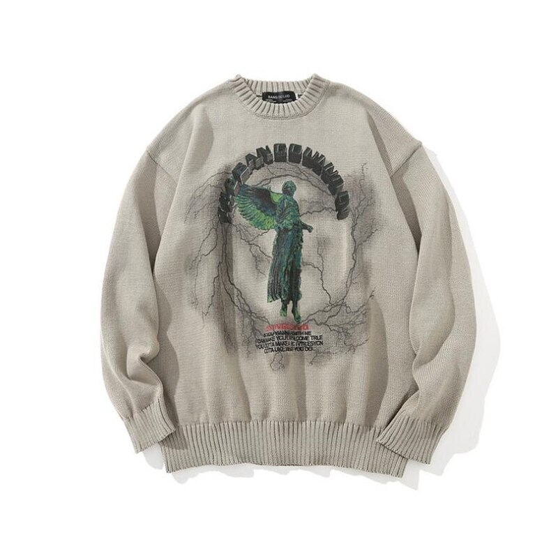 Herfst- en wintertrui voor heren, ronde hals, originele high street donkere graffiti engel print trui: Khaki / M
