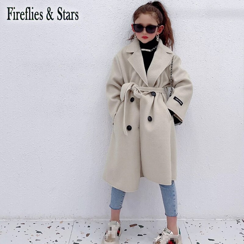 Herfst Winter Meisjes Blends Baby X Lange Jas Kinderen Uitloper Kinderen Kleding Sleeveband Dubbele Geconfronteerd Fleece Beige 3 Om 14 jr