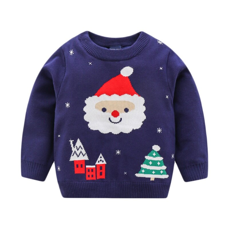 Children Boy Girl Winter Thickened Warm Santa Christmas Sweater Tree Print Knitted Sweaters: Navy Blue / 2T