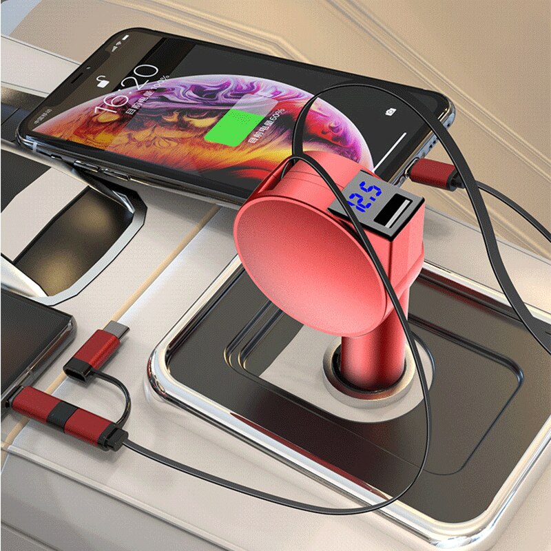 Drei-in-eins-autoladegerät mit zwei ausziehbaren kabeln 60w schnellladeadaptern und einem usb-c-anschluss für iphone und android.